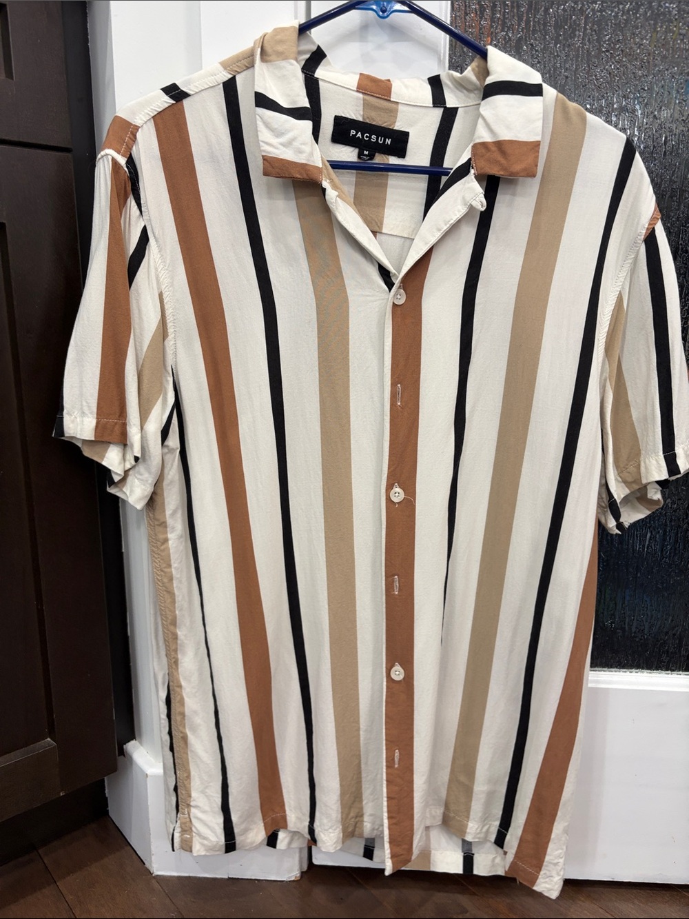 PacSun Men's Short Sleeve Vertical Stripe Button-Up — Cream, Brown & Black